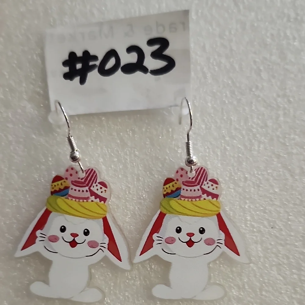 Hand Crafted Pink & White Bunny Earrings with Yellow Hat and Red Ears